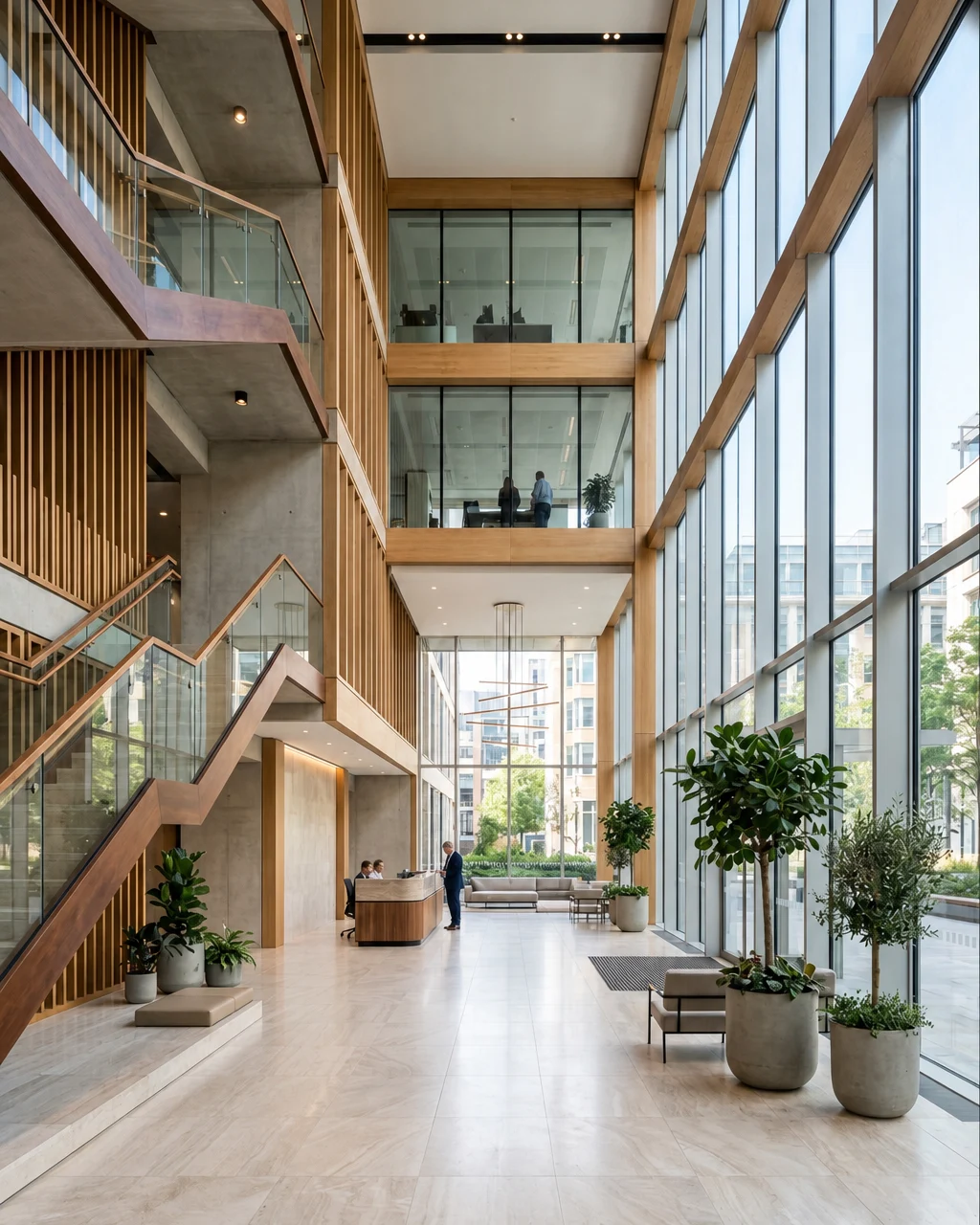Modern glass and timber atrium interior representing ASB Quality integrated services and built environment expertise